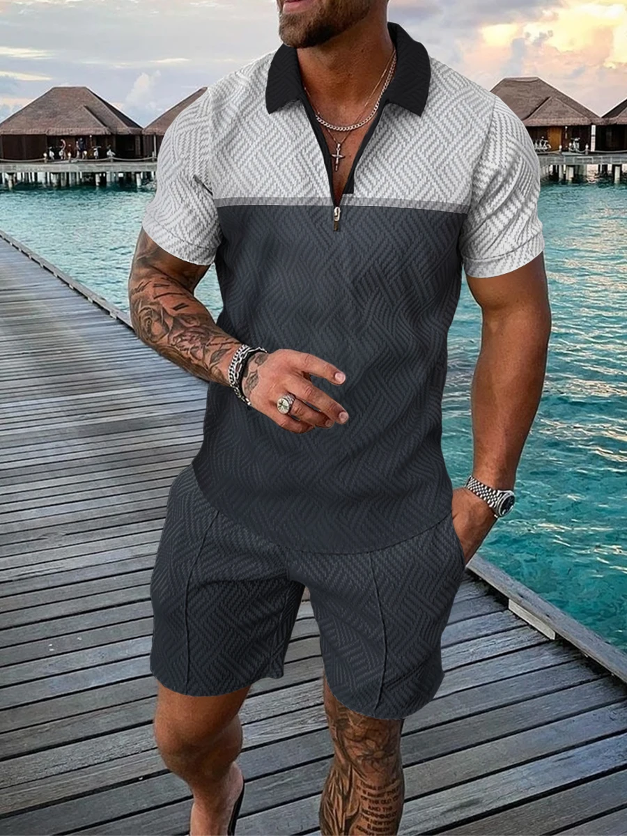Men's High Quality Sportswear Short Sleeve Zip Polo Shirt + Shorts Set Men Street Sports Jogging 2 Piece Summer 2022