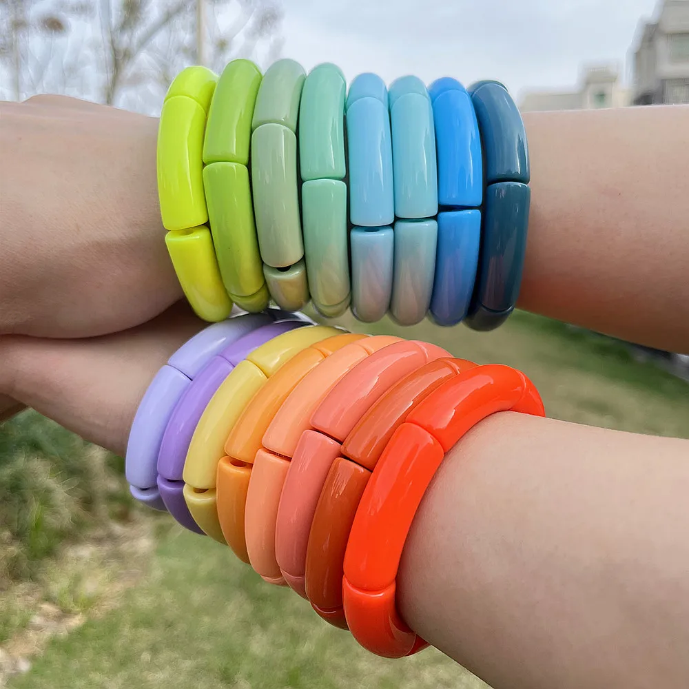 FishSheep Trendy Colorful Acrylic Bamboo Bracelets For Women Bohemian Stretched Tube Beads Cuff Bracelets Bangles 2022 Jewelry
