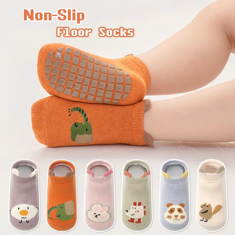 6 Pairs Kids Non-Slip Socks Cute Cartoon Animal Pattern Childrens Boys Girls Floor Socks Comfortable for Toddler
