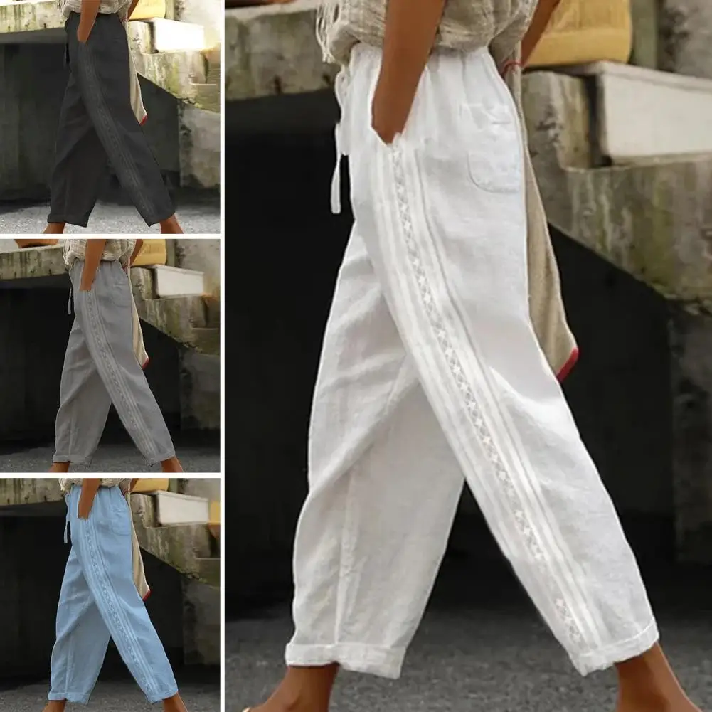 Women's Summer Cotton Linen Pants Loose Pocket Elastic Waist Wide-leg Pants Retro Literary Solid Color Casual Ninth Pants