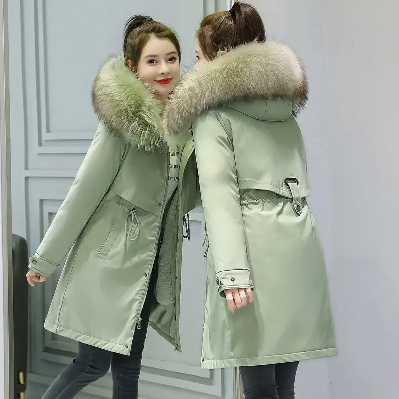 Women 2023 Winter New Cotton Coat Ins Coat Large Plush Collar Down Korean Version Medium Length Plush Cotton Coat