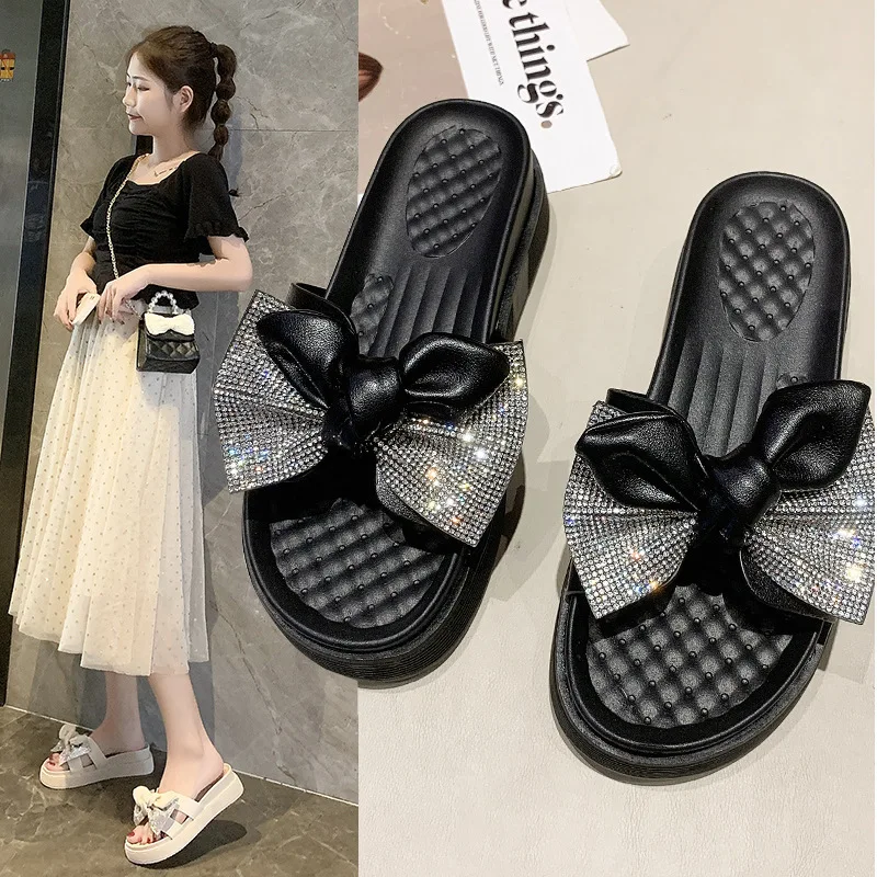 

2022 Summer New Round Head Sequin Bow Solid Color Flat Slippers Women's Casual Shoes Elegant Party Sandals Outdoor Beach Shoes