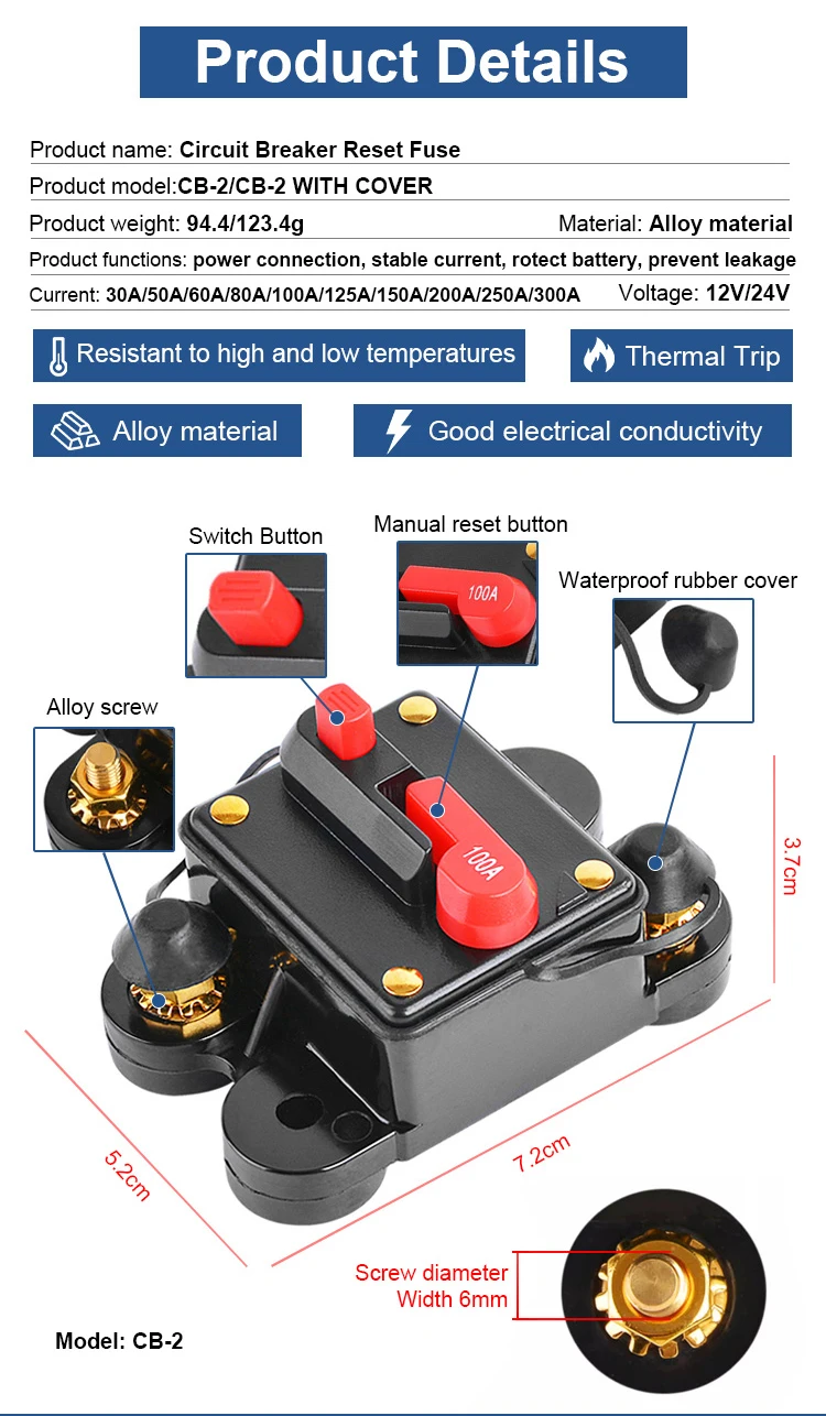 Description Picture 6 of item60A 80A 100A 150A 12V 24V 20A 30A Auto Car Bike Stereo Audio Solar Energy Circuit Breaker Reset Fuse Inverter Home Solar Use