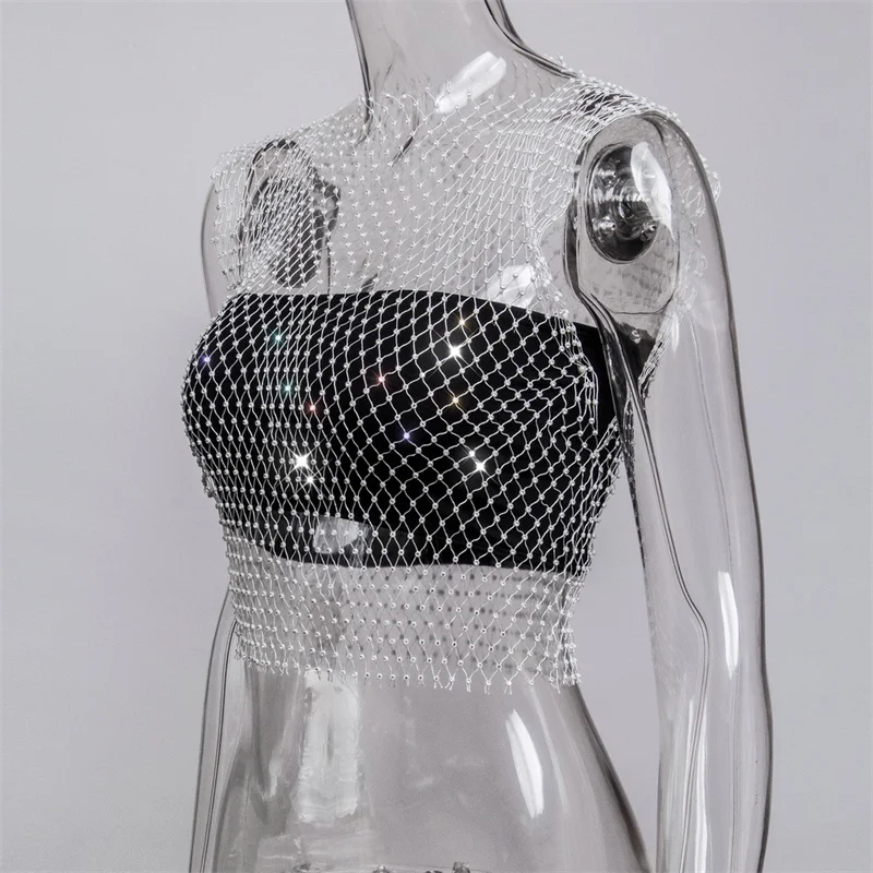 Sexy Diamanten Mesh Cropped Tank Top Frauen Sommer Cover Up Bikini Durchsichtig Strass Net Party Club Crop Top – Detail 12