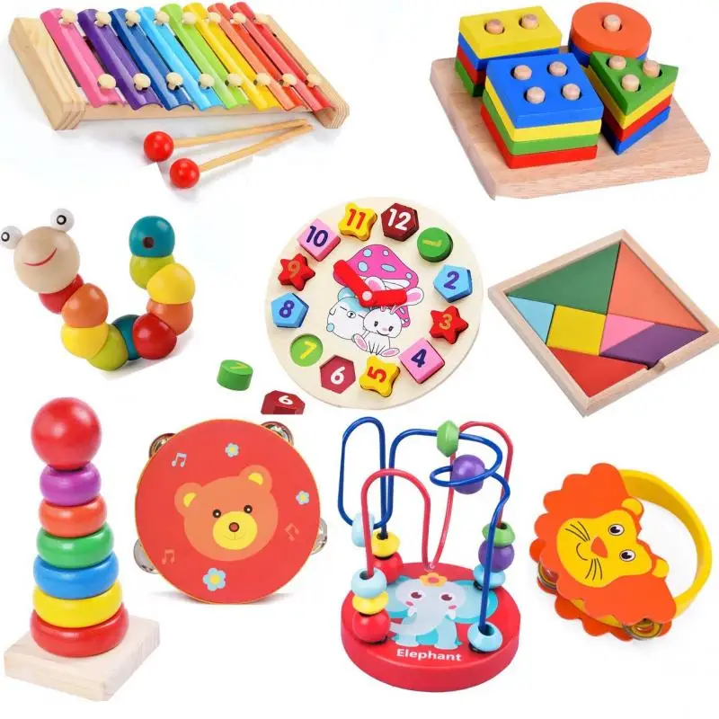 

Wooden Educational Toys Kids Early Learning Montessori Building Blocks Rainbow Ring Tower Baby Toys