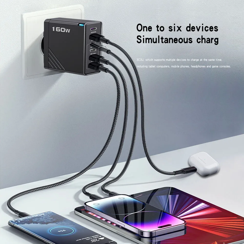 Total 160W Multi Port USB Charger Fast Charging Phone Charger For iPhone Samsung Xiaomi Huawei Quick Charge Type C Wall Adapter