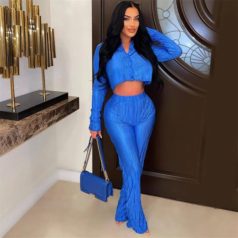 

Elegant Female Office Commuter Suits Glossy Solid Color Button Cardigan Short Shirt Casual Straight Trousers Women Two-piece Set