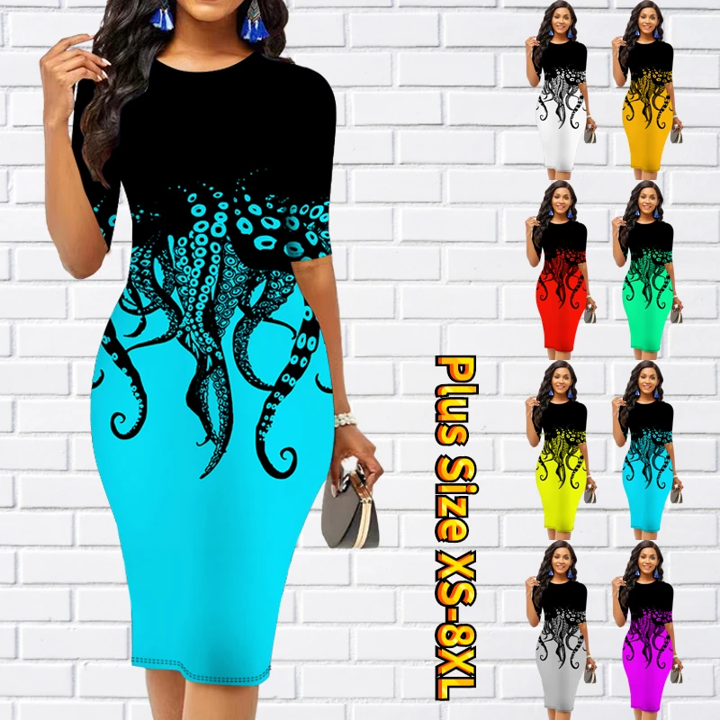 

2023 New Design Printing Knee-length Skirt Retro Tight Skirt Summer Round Neck Half-sleeve Skirt Women Trend Dress Slim Skirt