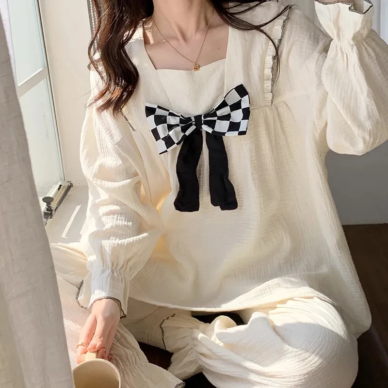 

2 Piece Set Home Clothes for Women Elastic Trousers Pajamas for Women Cotton Sleepwear Suit Autumn Pyjamas Women Loungewear Set