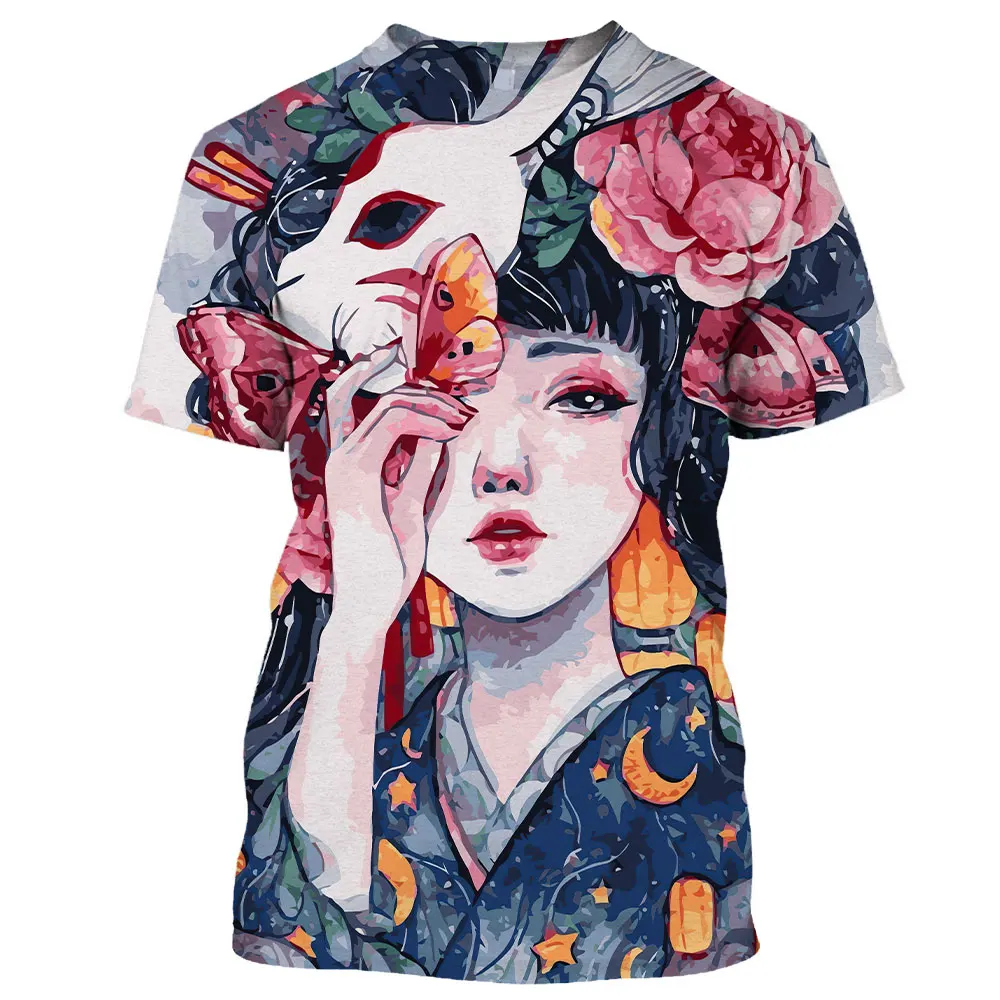 

2023 Summer Men's Short Sleeve T-shirt Geisha 3D Print Oversized Men's Clothing Anime Harajuku O Neck Fashion Tops Tees Camisa