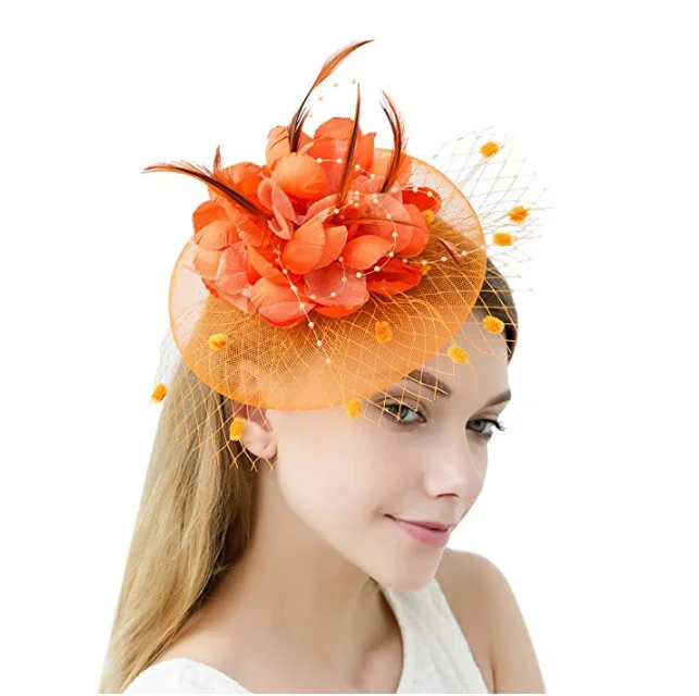 Angel-fashions Fascinators Hat Flower Mesh Feathers On Headband Wedding Clip Tea Party Headwear with Veil For Girls And Women janevini ladies feathers fascinator hat for wedding party mesh bridal hat with short veil headpiece hair clip hairband accessory