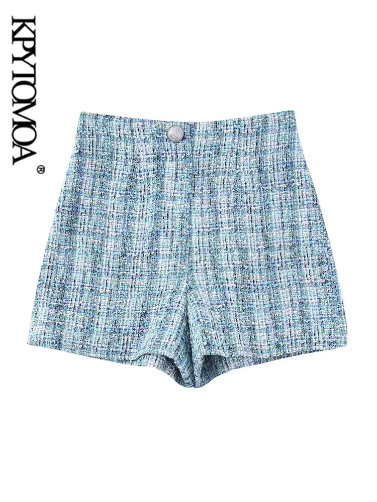 

KPYTOMOA Women Fashion With Metal Buttoned Tweed Shorts Vintage High Waist Zipper Fly Female Short Pants Mujer