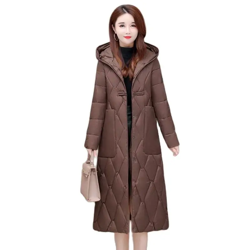 

High-end Fashion Mid-length Cotton-padded Women's New Winter Clothing Hooded Button Over-the-knee Cotton-padded