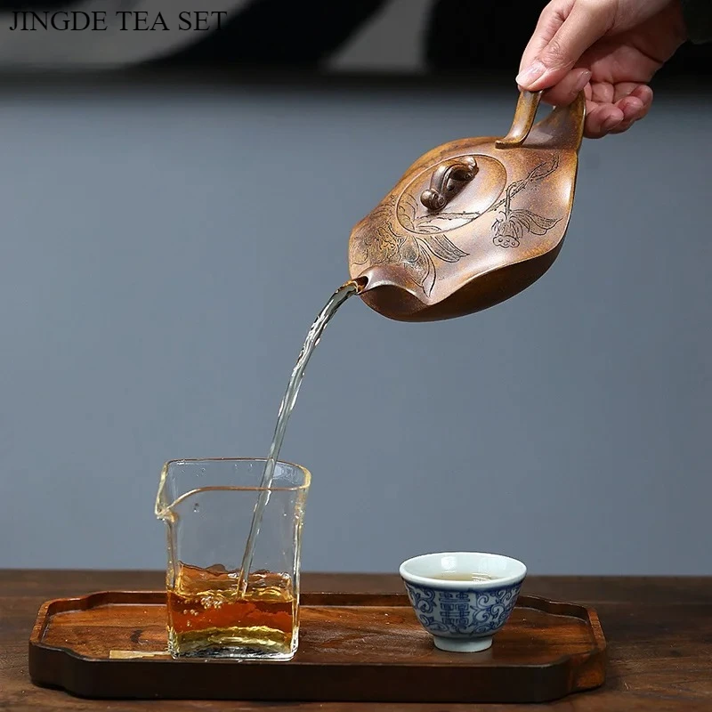 410ml Yixing Handmade Purple Clay Teapot, Original Ore, Longyao Wood Fired Lotus Leaf Teapot, Kung Fu Tea Set Teapot
