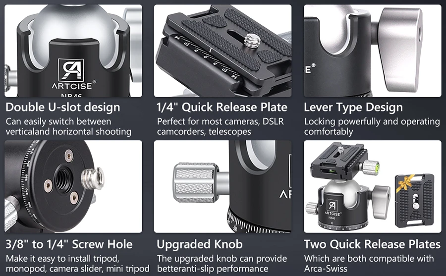 Artcise 46mm Low Profile Stativ Kugelkopf, Ganzmetall CNC Single/Double Panorama Kugelkopf für Stativ, Kamera DSLR Max Last 25kg – Detail 11