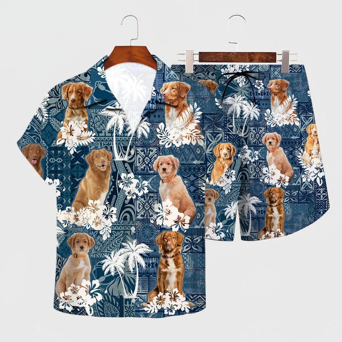 Nova Scotia Duck Rolling Retriever Hawaiian Set 3D Printed Hawaii Shirt + Beach Shorts Men For Women Funny Dog Clothes
