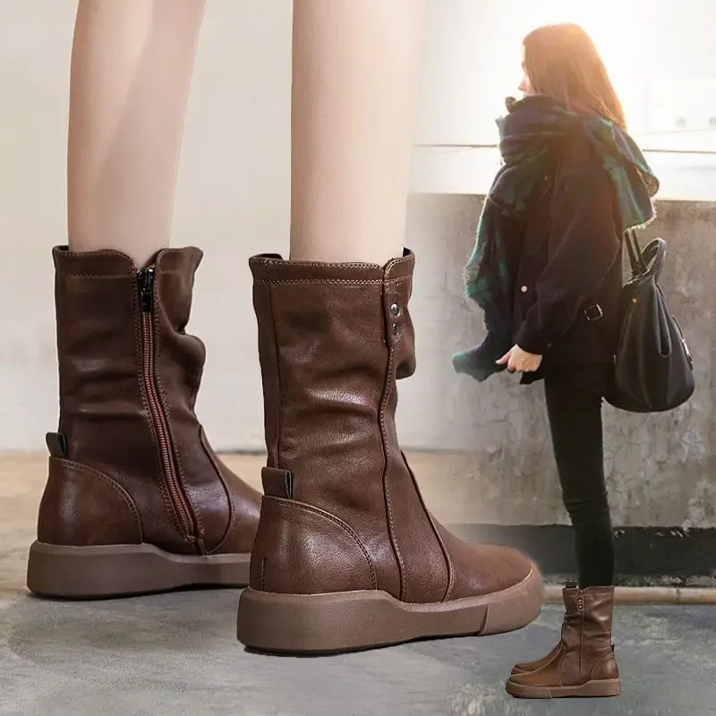 Fashion Slim Boots Mid Boots Women Autumn and Winter Martin Boots Women Flat Boots Boots main image 0