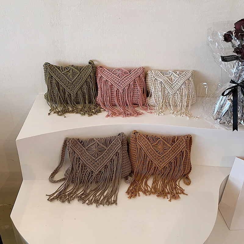 Handmade Cotton Woven Knitted Tassel Crossbody Bag Vintage Shoulder Messenger Bag Female Fashion Beach Summer Handbags for Women