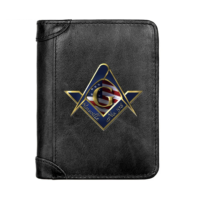 

American Freemasonry Logo Printing Genuine Leather Men Wallet Pocket Slim Card Holder Male Short Coin Purses BS474