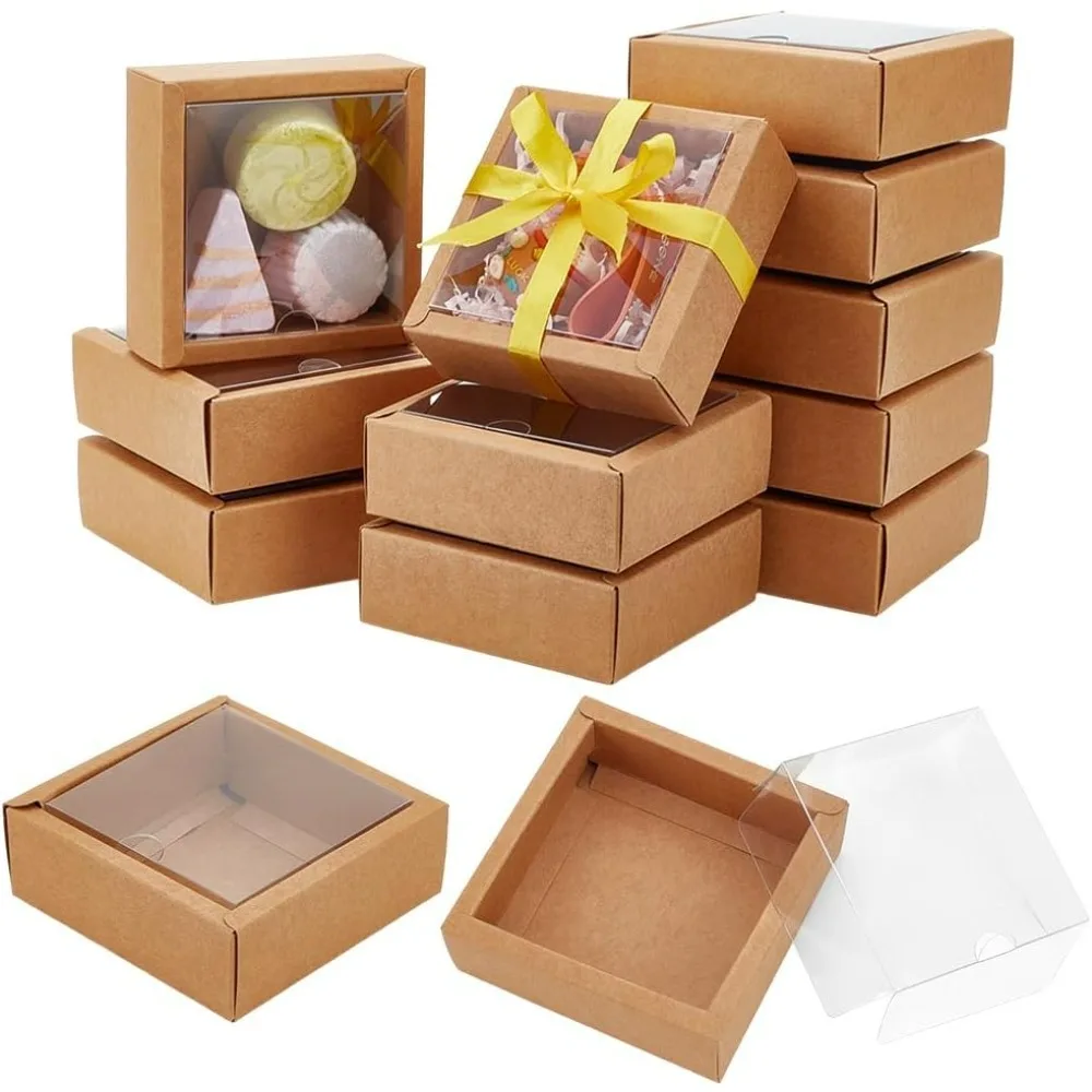 20Pcs 3.3&times;3.3&times;1.3Inches Brown Square Paper Boxes with Clear PVC Window Paper Favor Treat Boxes for Wedding Favor Festival Gift