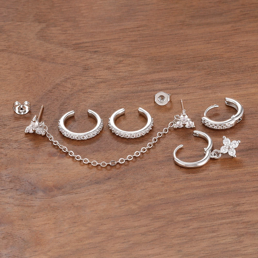 5PCS Mode Vier Zirkon Blume Hoop Ohrring Set Für Frauen Doppel Kette Quaste Piercing Schmuck Falsche Perforation Ohr Clip – Detail 10