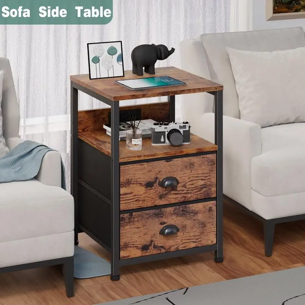 Nightstand Set of 2 with Charging Station USB Ports Fabric Drawers Modern End Table Living Room Bedroom Storage Solution 5