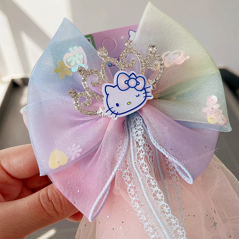 

Кружевной бант Hello Kitty из ленты с принтом кошки Радуга головной убор кавайная Милая девочка детский подарок Игрушка Аниме Собирать украшени...