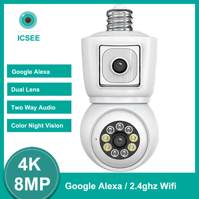 ICSEE 4K 8MP E27 Bulb WiFi Camera Dual Lens Dual Screen Auto Tracking Two Way Audio Color Night Vision 4MP Surveillance Camera