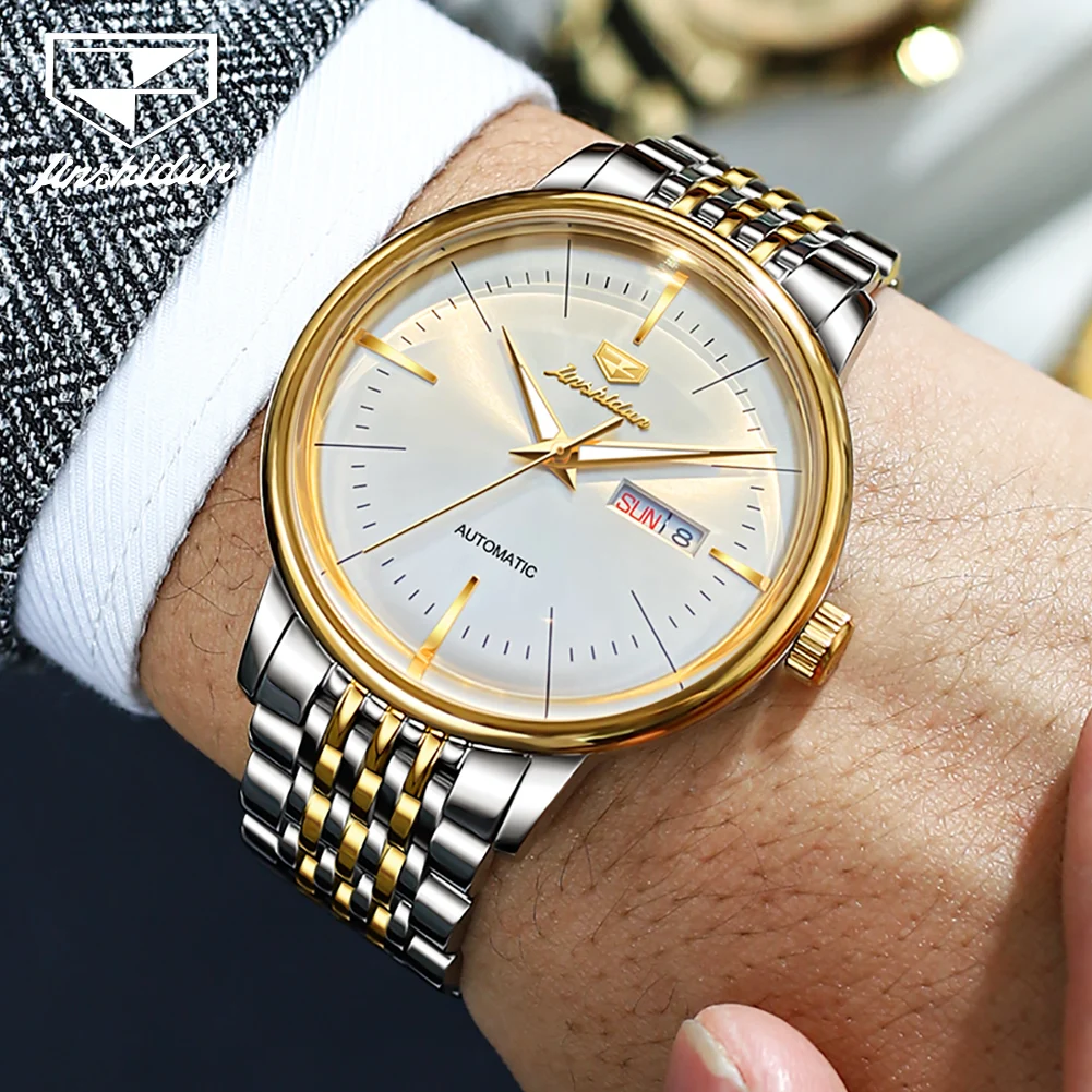 JSDUN Mechanical Watch for Men Classic Minimalist Dial Stainless Steel Waterproof Watch Business Men's Wristwatch Clock 8938