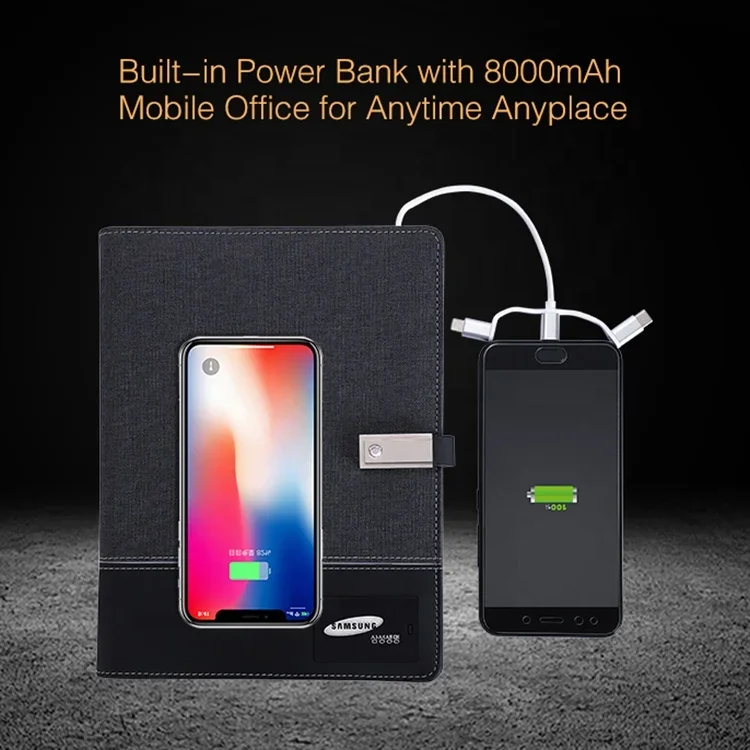 A5 맞춤형 브랜드 PU 가죽 노트북, 보조배터리 무선 충전 USB 드라이버 포함