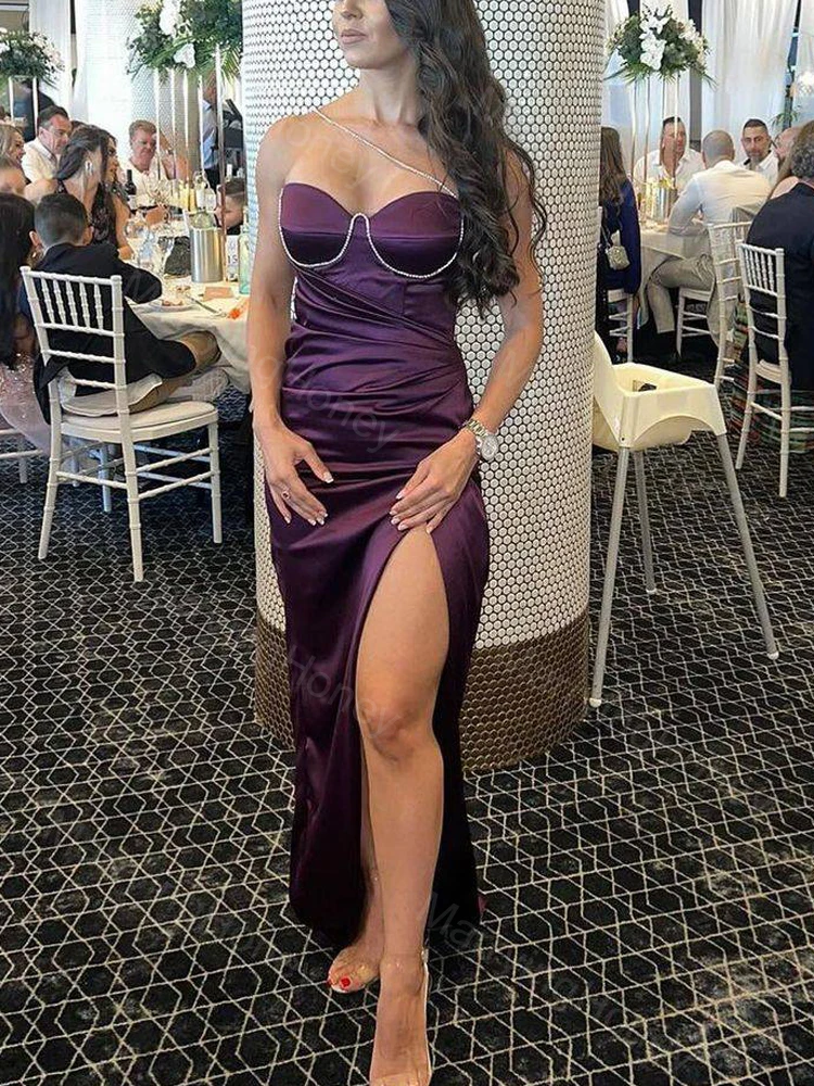 

Satin Cold Shoulder Prom Dress with High Slit Mermaid Long Formal Evening Dress for Women Beading Ruched Cocktai Party Gowns