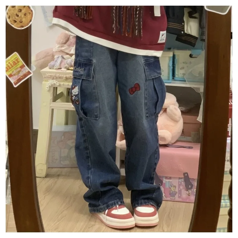 

Sanrios Hellokittys аниме джинсы для девушек вышивка широкие брюки джинсы свободные модные прямые джинсы