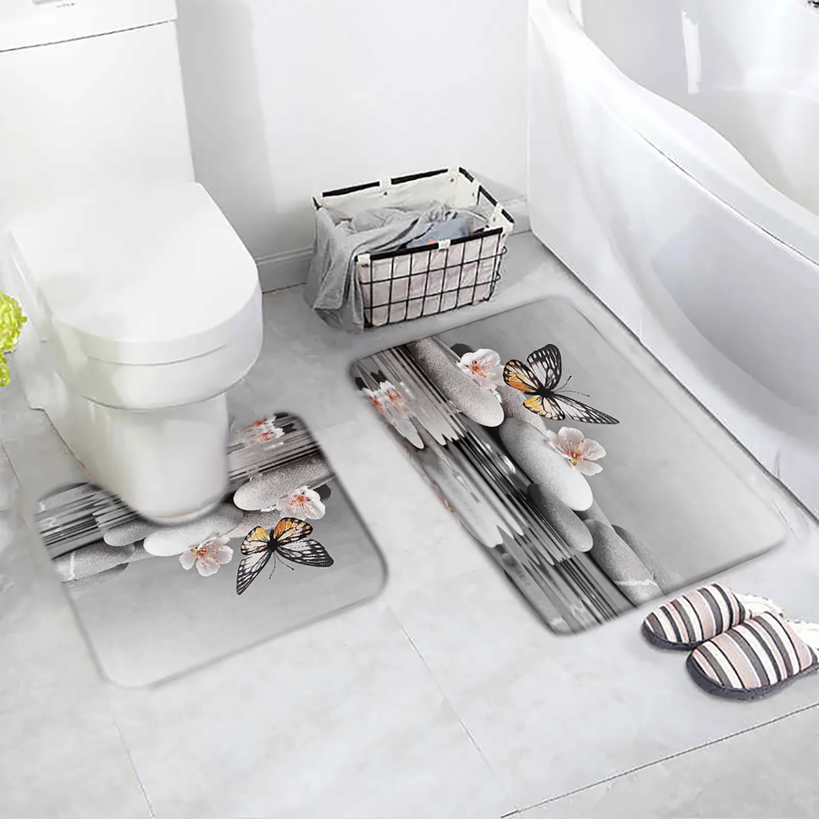 Zen Bath Mat Set Grey Massage Stone Butterfly Flowers Water Nature Landscape Home Tappeto Bagno Decor Tappeti Per Pavimenti Pad A Forma Di U