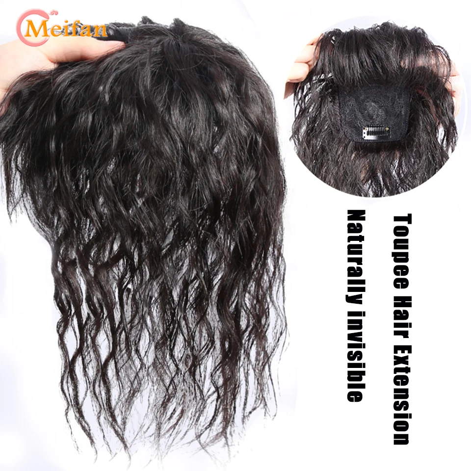 MEIFAN Synthetic Topper Closure Hairpieces with Bangs Clip on the Top of Head Hair Extension to Cover the White Hair Hairpiece synthetic bangs