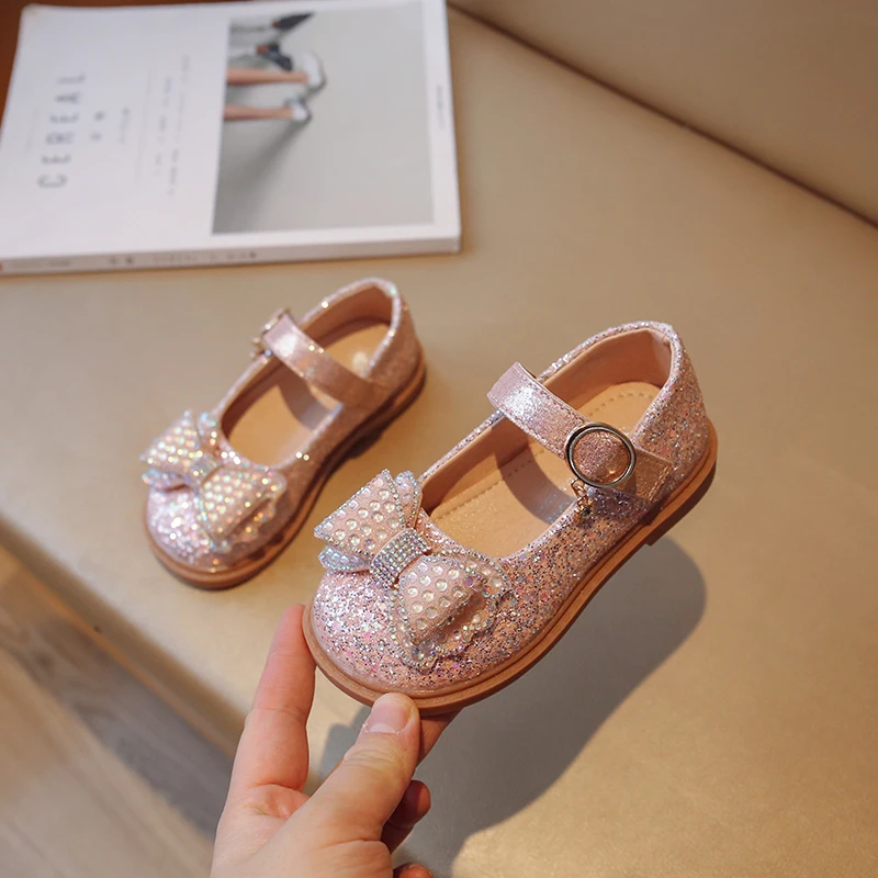 

Baby Girls Crystal Shoes Sequin Bowtie Kids Party Princess Shoes Spring Autumn Comfortable Soft Soled Children Shoes Size 23-35