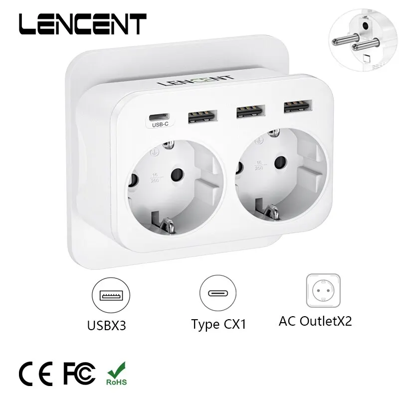Prolongateur Murale 7 En 1 - 3 Prises AC, 3 Ports USB, 1 Port Type-C - Marque LENCENT - 220V - Neuf