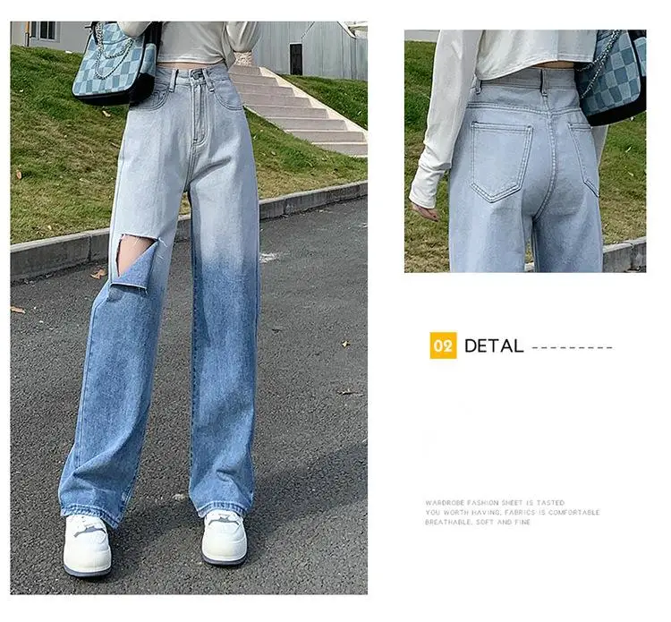 CGC Korean Fashion Gradient Baggy Jeans Women 2022 Spring Autumn Hole High Waist Jeans Wide Leg Women Oversize Denim Pants black ripped jeans