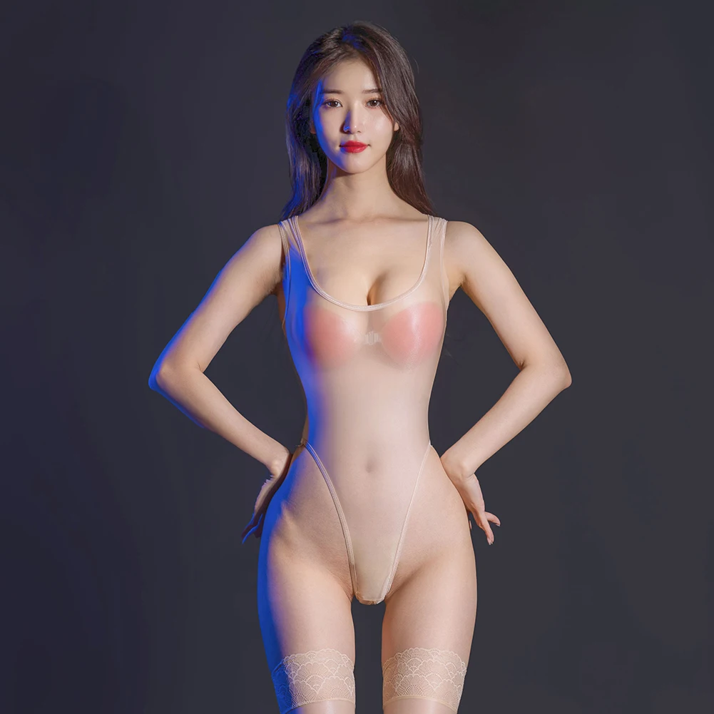 

Women Sexy Lingerie See Through Glossy Bodysuit Silky Smooth Crothless Jumpsuit High Open Fork Leotard Romper Sleeveless Pajamas
