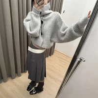 Pull à col roulé rayé gris pour femme, cardigan vintage, haut à manches longues, bouton en tricot, mode coréenne, automne, 2025 5