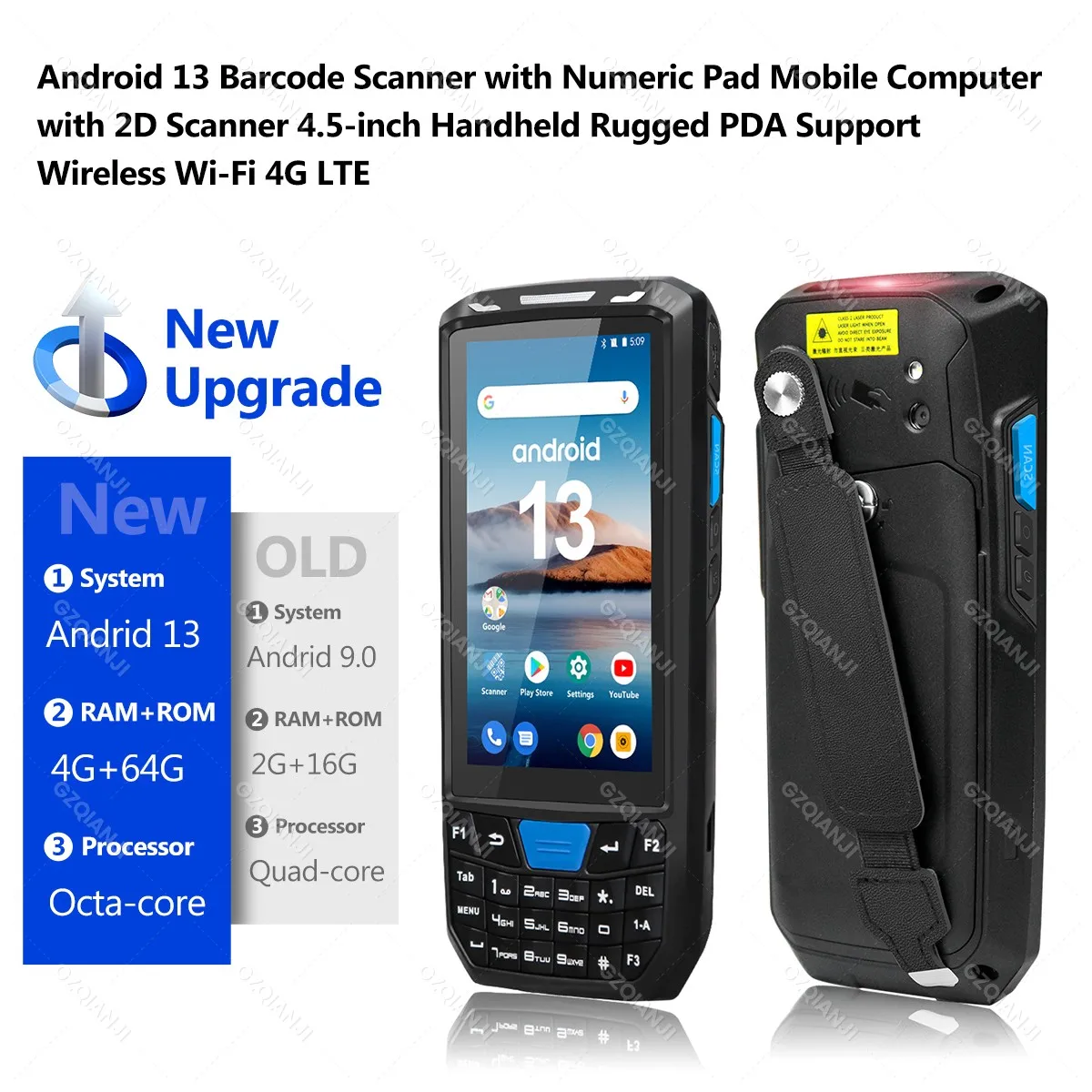 Android 13 Barcode Scanner with Numeric Pad Mobile with 1D 2D QR 4.5-inch Handheld Rugged PDA Support Bluetooth Wi-Fi NFC 4G LTE