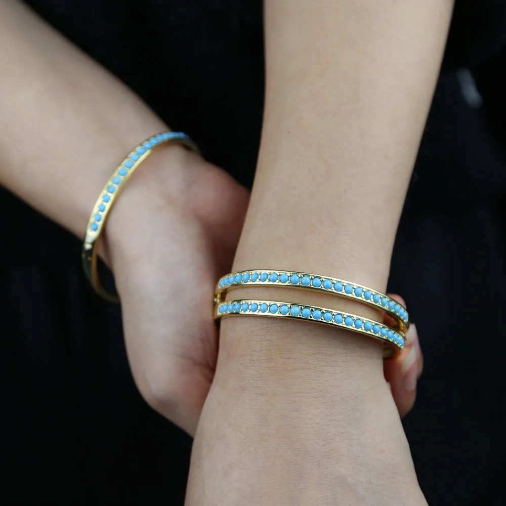 New Bezel Setting Small Beads Blue Turquoise Bangles for Women Brass with Gold Plated Color Classic Bracelet Fashion Jewelry 4