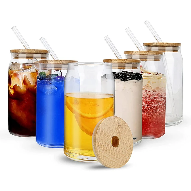 6 Pcs Drinking Glasses with Bamboo Lids and Glass Straw - 16 Oz