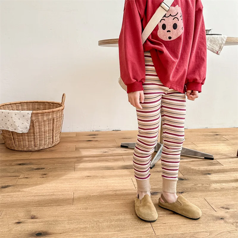 2024 Spring New Fashion Children Striped Leggings Cotton Girls Trousers Retro Kids Casual Pants Baby Toddler Pants Kids Clothes