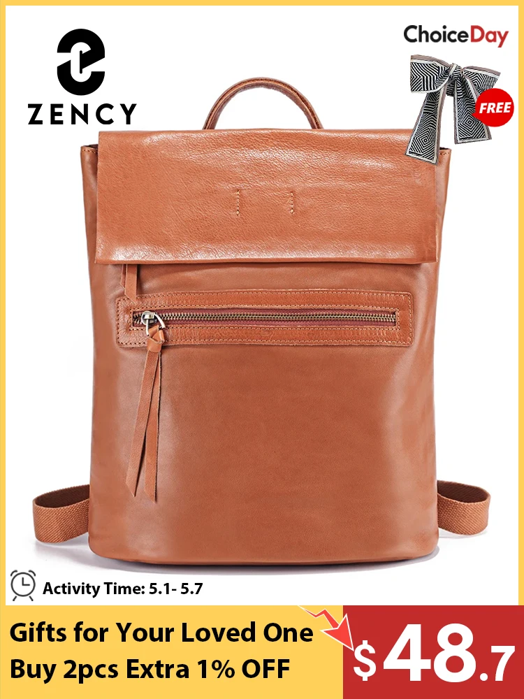 

Zency Women's Retro Cowhide Leather Backpack Large Travel Knapsack Zipper Rucksack Fit 10 inch Ipad A4 Magazine Flap Bag Satchel