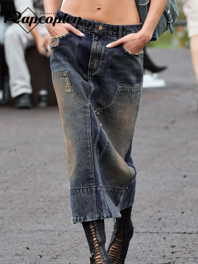 

Юбка-миди в стиле пэчворк Rapcopter y2k, винтажная прямая юбка с низкой талией в строгом стиле, в Корейском стиле, шикарная уличная одежда