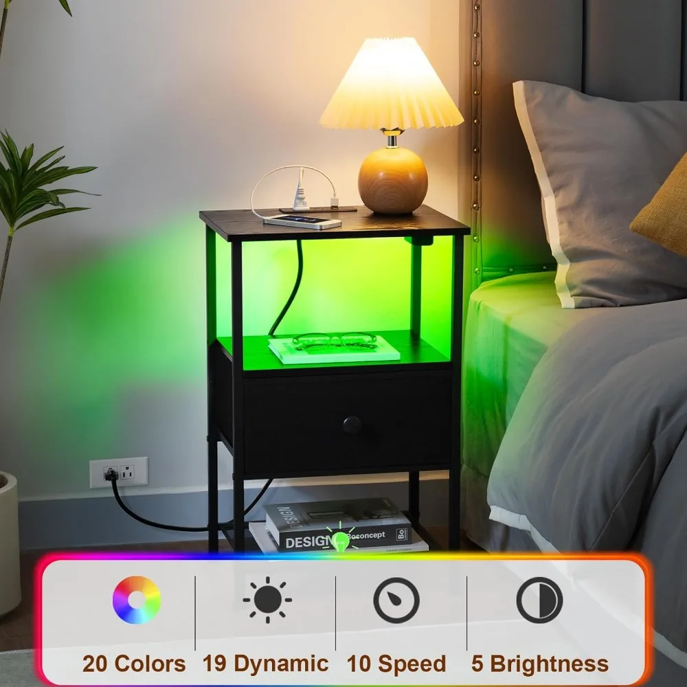 Night Stand Set 2, LED Nightstand w/Charging Station, End Tables Living Room w/Fabric Drawer, Small Side Tables for Bedroom 4