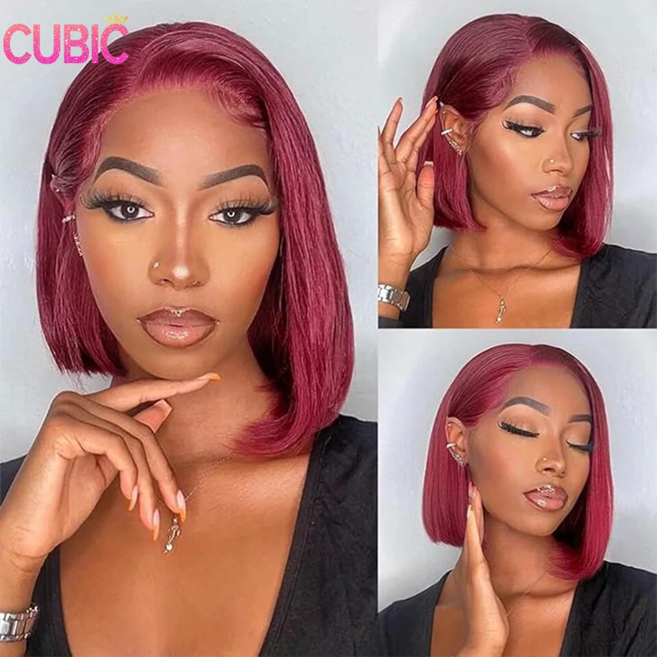 

13x4 Lace 99j Burgundy Straight Lace Front Human Hair Wigs Bob Human Hair Glueless Pre Plucked Baby Hair 180% Density Bob Wig