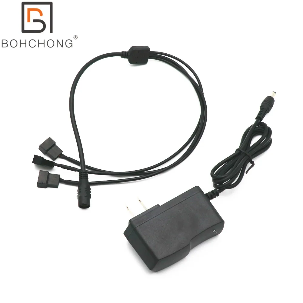 

US Regulation 12V DC Power Supply 5.5*2.1mm Adapter Cables For 3Pcs 3Pin 4Pin PWM Computer PC Case Fan Cable