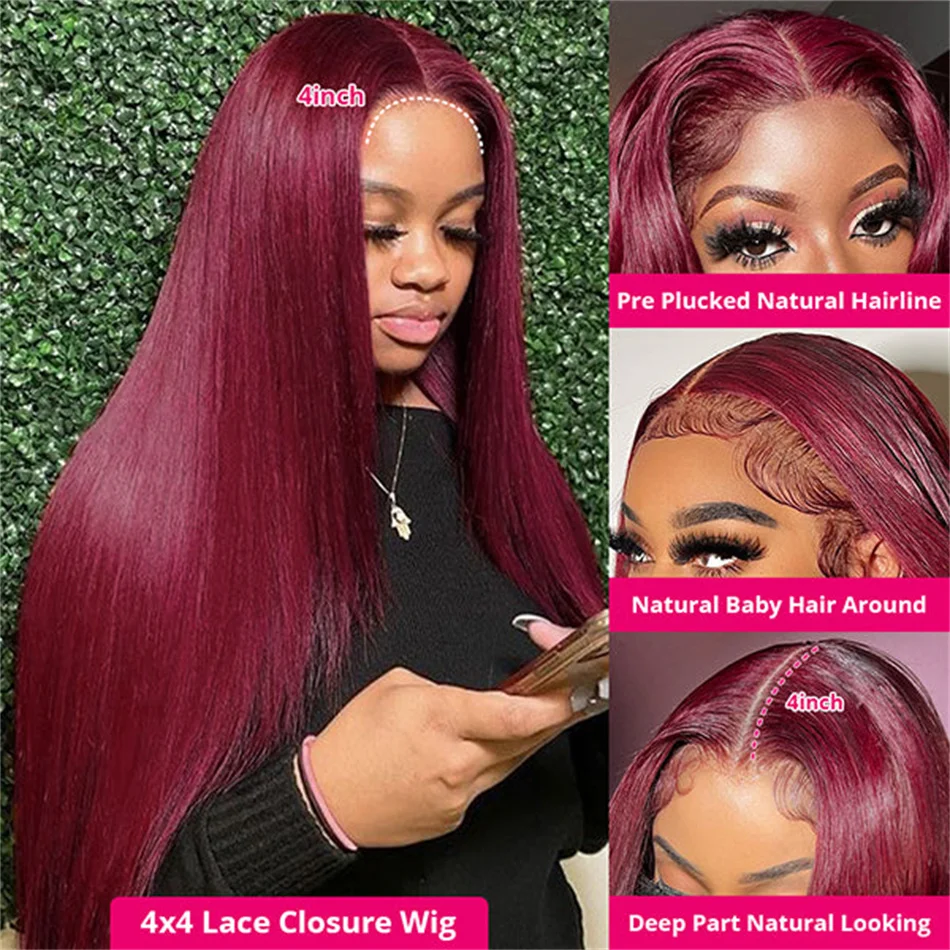 Burgundy Transparent Lace Frontal Human Hair Wig Pre Plucked Red 99J Straight Colored 13x4 Lace Front Human Hair Wigs For Women 3