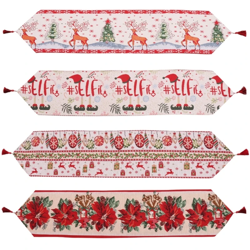 

67JB Christmas Table Runner Embroidered Elk Home Dining Table Flags Cover Wedding Party Kitchen Decor New Year Tablecloth